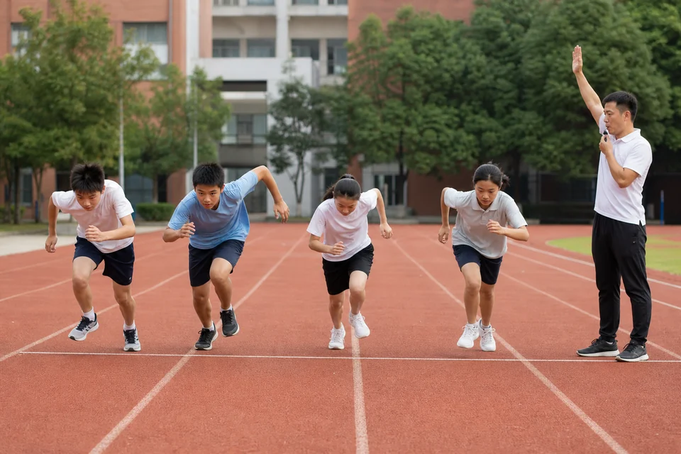 多名学生在教师哨声和手势下进行50米发令测试