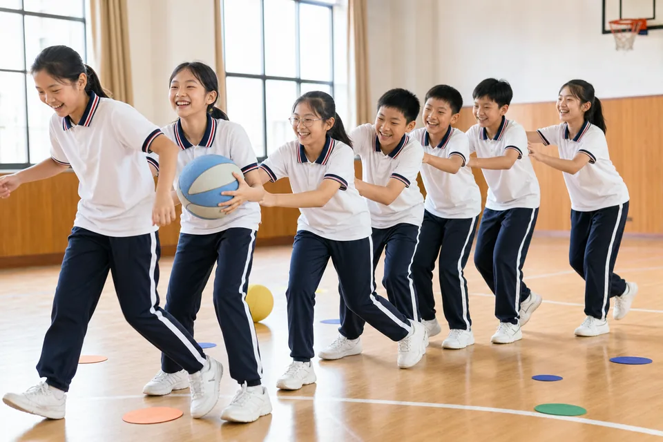 学生在体育馆参加趣味协作运动