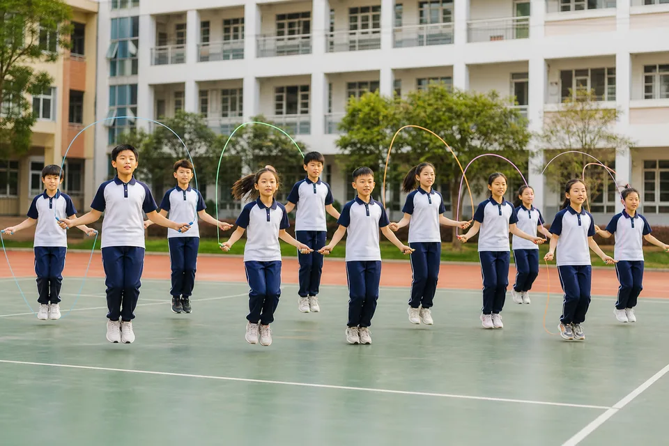 约十名学生在校园运动场同时进行跳绳练习