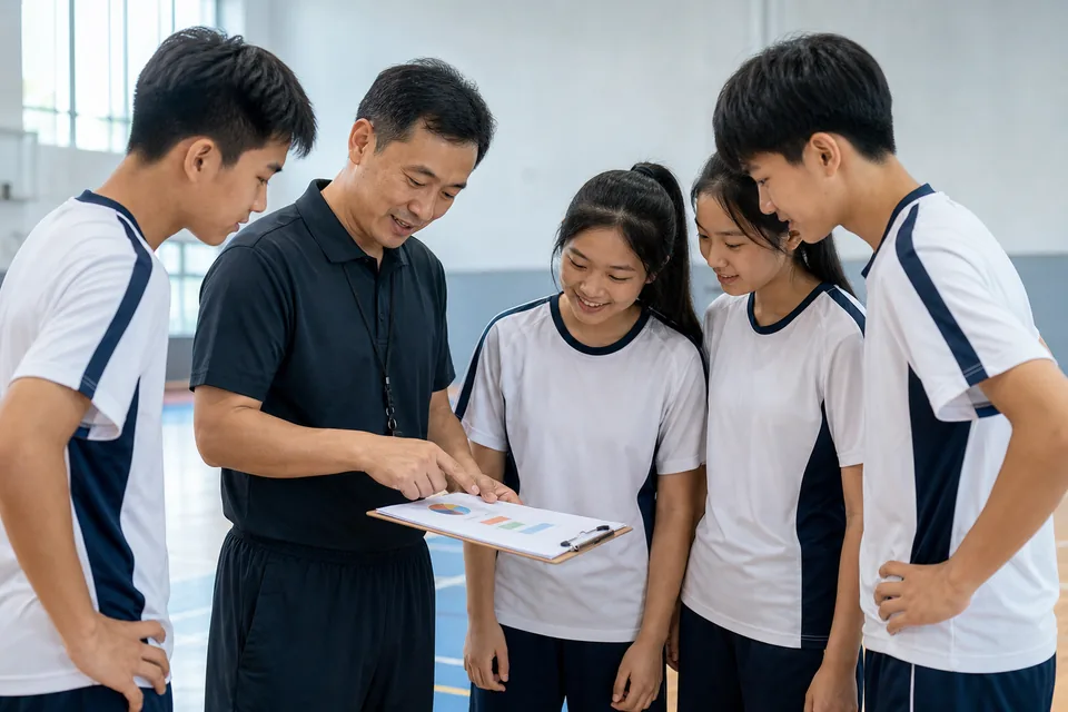 体育教师向学生讲解运动成绩反馈
