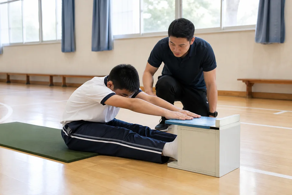 学生进行坐位体前屈测试