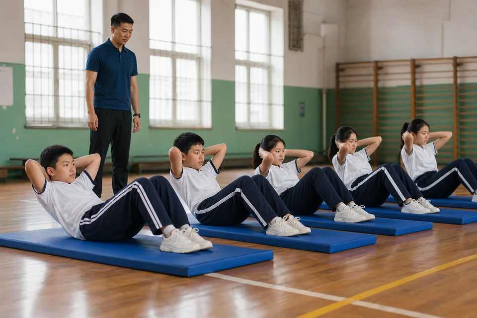 五名学生在体育课堂进行仰卧起坐练习