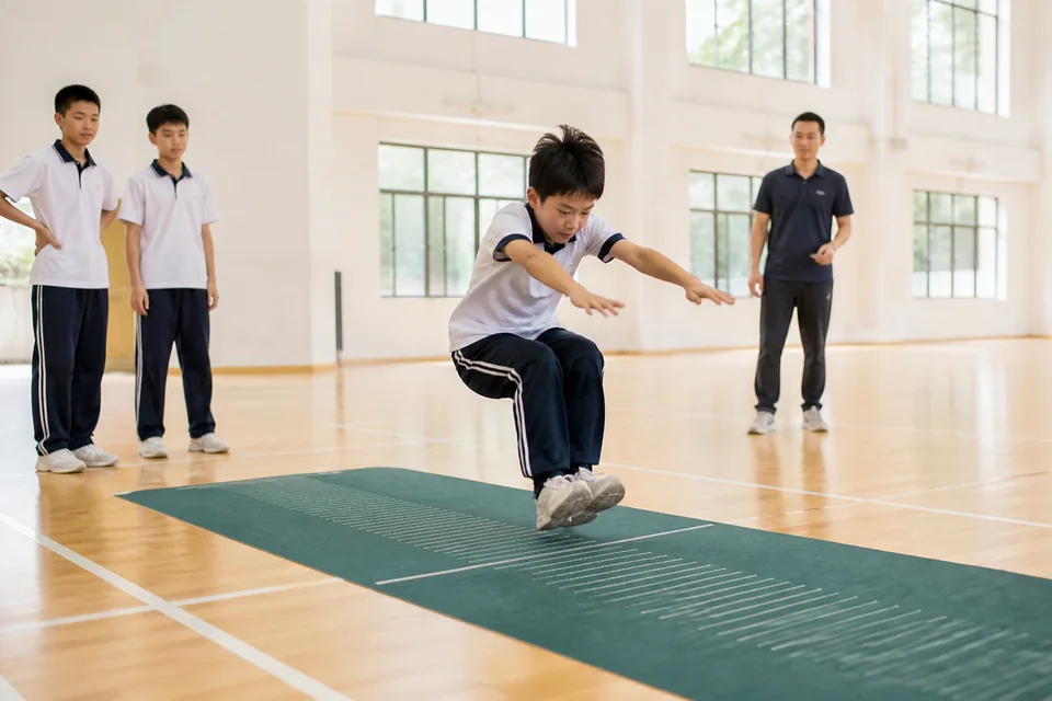 学生在校园体育场进行立定跳远练习