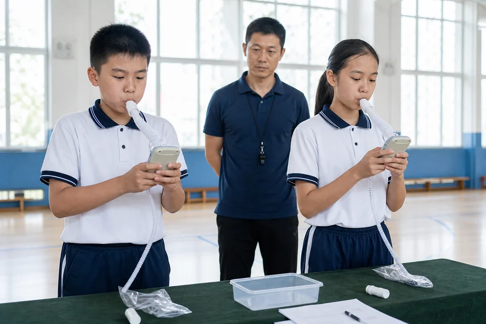 两名学生同时进行肺活量吹气测试